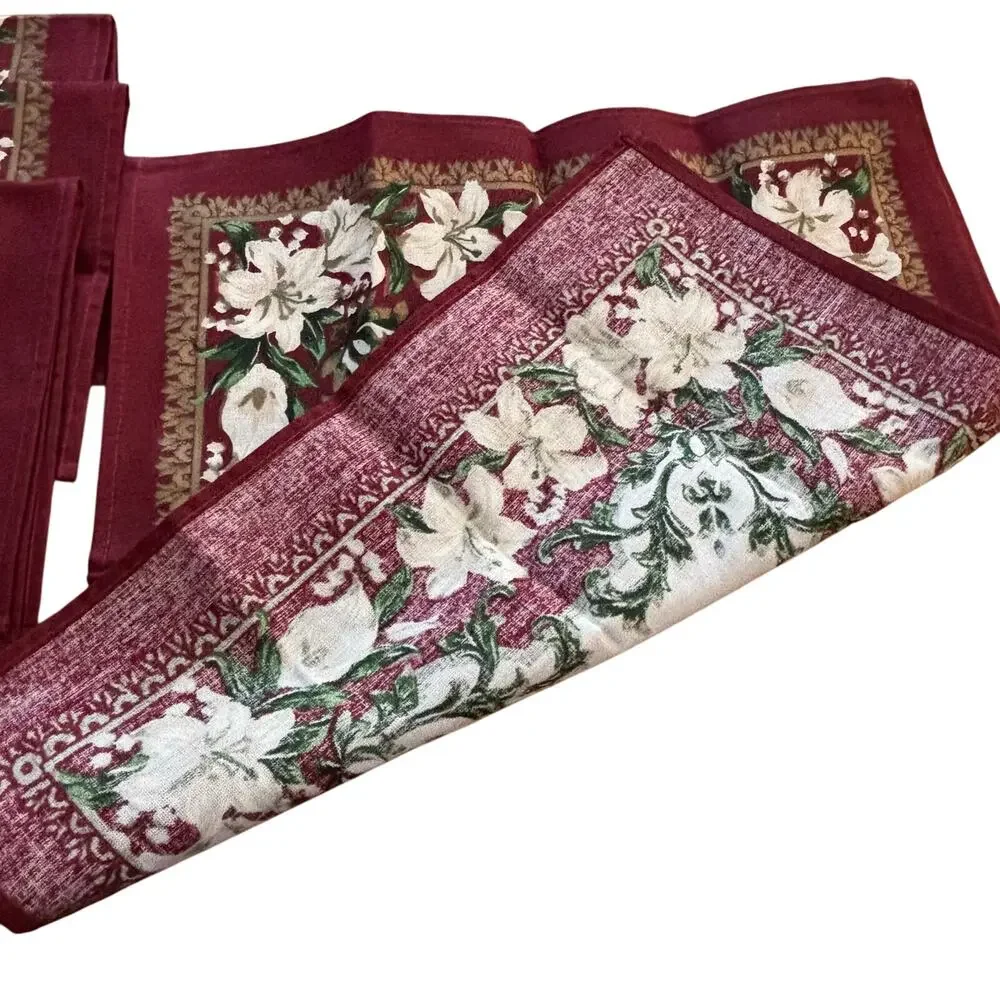Retro 1980’s cloth napkins set of 4 in burgundy red & white lily brocade finish